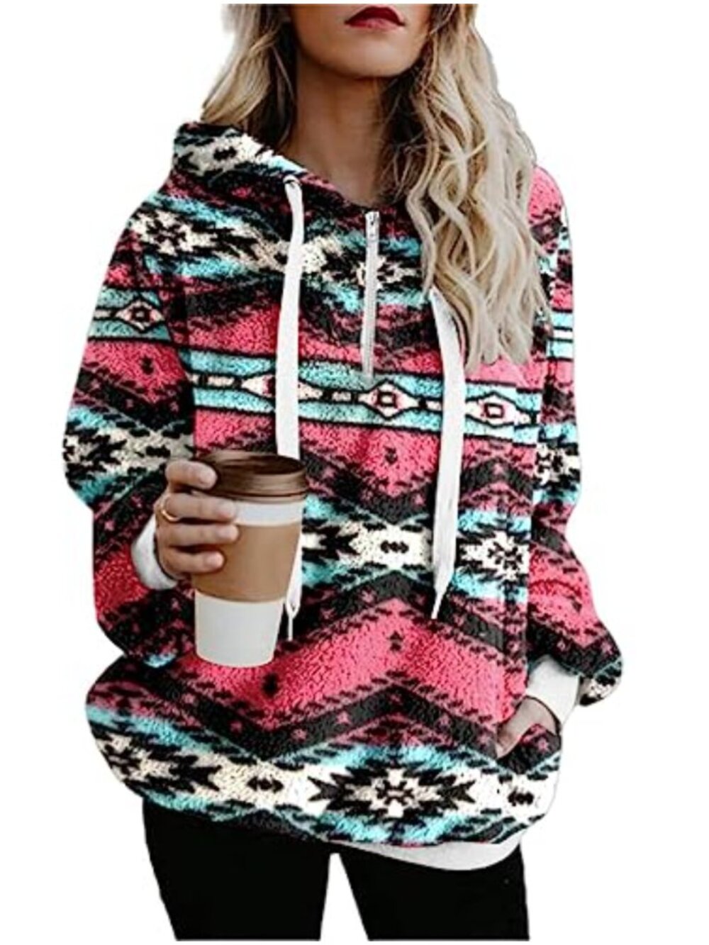 Half Zip Aztec Printed Hooded Fleece Sweatshirt